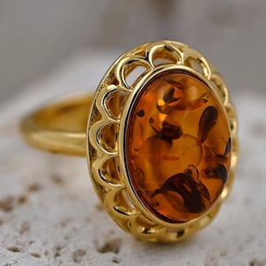 Natural Baltic Amber Ring, Cognac Amber Gold Ring, Victorian Gemstone Ring, Gold-plated Sterling Silver, Adjustable Ring, Stone Gold Jewelry