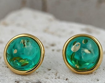 Baltic Turquoise Amber Stud Earrings, Amber Gold Earrings, Gold-plated Sterling Silver, Blue Amber, Gemstone Stud Earrings