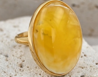 Anillo de ámbar báltico lechoso natural único, joyería de ámbar lechoso y amarillo, anillo de oro con piedra ámbar, plata de ley chapada en oro, anillo ajustable
