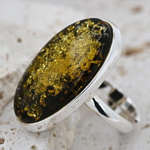 Natural Green Amber Ring, Authentic Baltic Sea Amber, Sterling Silver 925, Big Oval Green Stone Ring, Gemstone Jewelry, Adjustable Ring