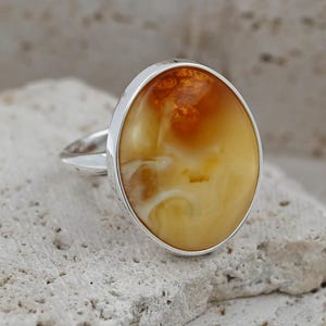 Unique Baltic Amber Ring, Butterscotch Amber Stone, Natural Milky Amber Ring, Yellow Gemstone Ring, Gold-plated Silver, Adjustable Ring