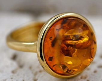 Anillo redondo de ámbar, anillo de ámbar coñac, ámbar báltico natural, ámbar miel, anillo ajustable, anillo de ámbar y oro, plata de ley chapada en oro