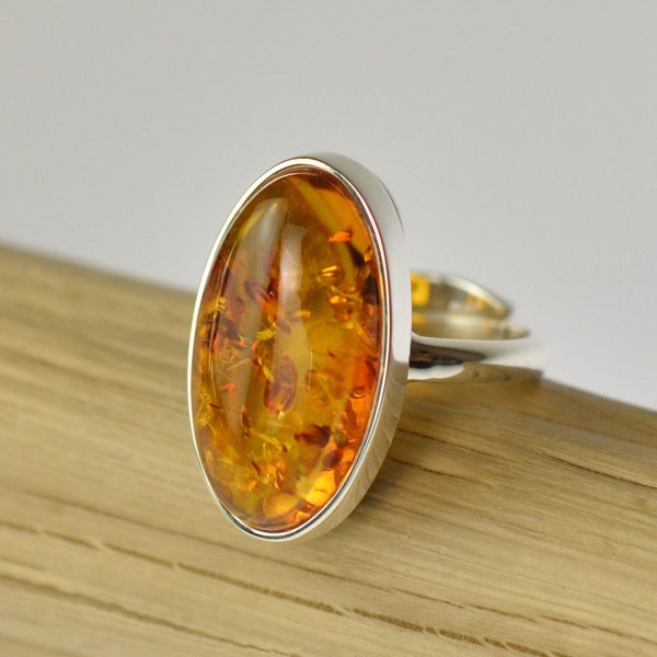 Honey Baltic Amber Ring, Natural Amber, Cognac Amber Ring, Honey Amber, Amber Silver 925 Ring, Sterling Silver, Adjustable Ring