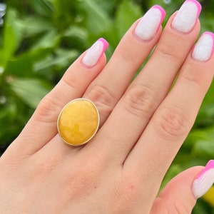 Yellow Baltic Amber Ring, Yolk Amber, Gold Ring Stone, Yellow Stone Ring, Gold Amber, Gold Plated Sterling Silver, Adjustable Ring