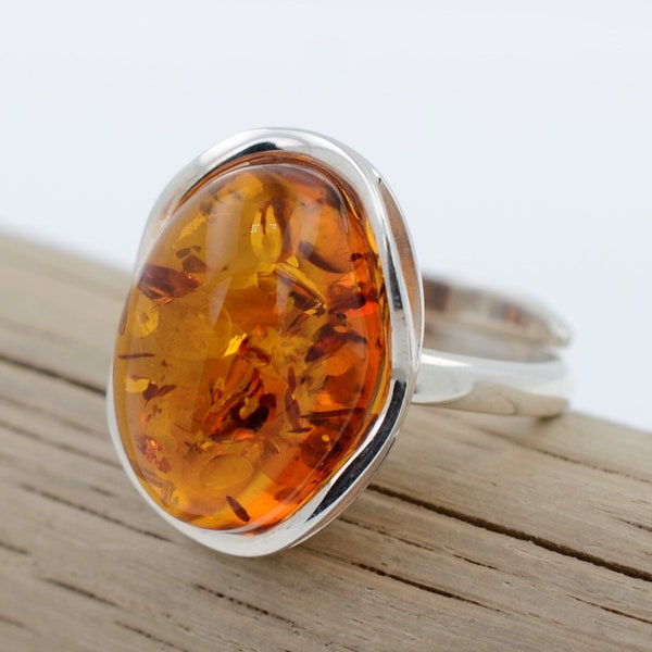 Natural Cognac Amber Ring, Genuine Baltic Amber, Honey Amber Stone, Amber Silver 925 Ring, Cognac Amber, Sterling Silver, Adjustable Ring