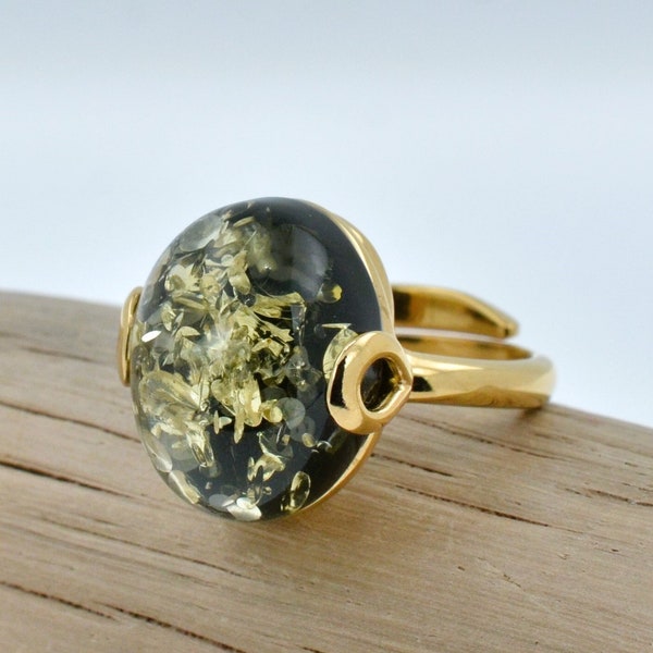 Classy Green Amber Ring, Green Baltic Amber, Green Gemstone & Gold Ring, Gold-plated Sterling Silver, Oval Green Stone Ring, Adjustable Ring