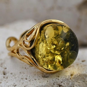 Classy Green Amber Ring, Genuine Baltic Amber, Round Amber Ring, Green Amber Gold Ring, Gold plated Sterling Silver, Adjustable Ring
