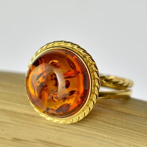 Classy Cognac Amber Ring , Genuine Baltic Amber , Honey Amber Gold Ring , Round Amber Ring , Gold plated Sterling Silver , Adjustable Ring