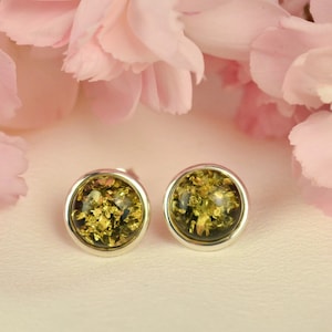 Green Baltic Amber Stud Earrings, Genuine Baltic Amber, Sterling Silver 925 Jewelry, Green Amber Silver Earrings, Green Stone Round Earrings