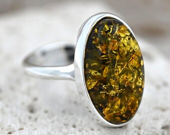 Anillo de ámbar verde auténtico, ámbar auténtico del mar Báltico, plata de ley 925, anillo de piedra verde ovalada, joyería de piedras preciosas naturales, anillo ajustable