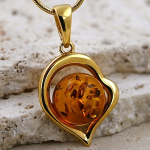Baltic Amber Heart Pendant – Cognac Amber Jewelry – Natural Polish Gemstone – Small Amber Pendant – Gold-Plated Sterling Silver 925