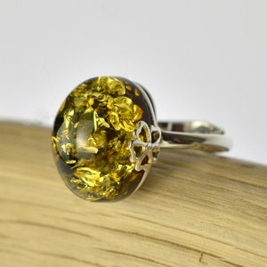 Baltic Green Amber Ring , Genuine Baltic Amber , Baltic Green Amber , Amber Silver Ring From Poland, Sterling Silver 925 , Adjustable Ring