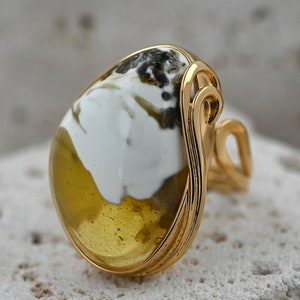 Unique Baltic Amber Ring, Black & Yellow Stone, White Amber Gold, Authentic Amber Ring, Gold plated Sterling Silver 925, Adjustable Ring