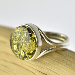Round Amber Ring , Baltic Green Amber , Natural Amber Ring , Green Amber Ring , Sterling Silver , Amber Silver 925 Ring , Adjustable Ring
