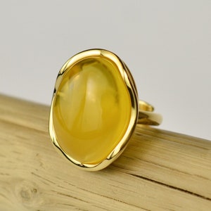 Unique Amber Ring, Genuine Baltic Amber, Yellow Stone, Milky Amber, Amber Ring with Gold, Gold plated Sterling Silver 925, Adjustable Ring