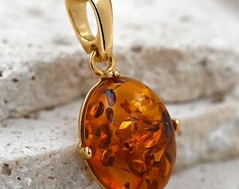 Small Honey Amber Pendant, Baltic Amber Pendant with Gold-plated Sterling Silver 925, Amber Gold Pendant, Natural Gemstone Pendant, Jewelry
