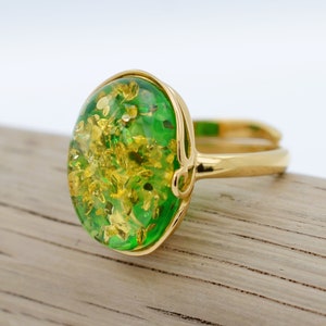 Green Baltic Amber Ring, Genuine Amber Ring, Gold-plated Sterling Silver 925, Amber Gold Ring, Green Gemstone Ring, Adjustable Ring