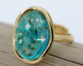 Azure Baltic Amber Ring, Turquoise Amber Ring, Gold-plated Sterling Silver, Blue Stone Ring with Gold, Blue Semi Gemstone, Adjustable Ring