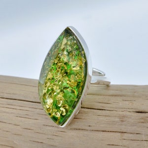 Green Baltic Amber Ring, Sparkling Green Stone Ring, Big Green Amber and Sterling Silver Ring, Large Greenish Gemstone Ring, Adjustable Ring