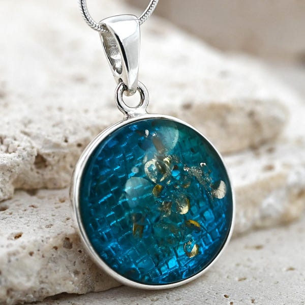 Blue Baltic Amber Pendant, Round Amber Pendant, Natural Blue Gemstone Necklace, Unique Amber and Sterling Silver 925, Genuine Stone Jewelry