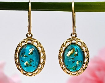 Authentic Blue Amber Earrings, Long Blue Stone Earrings, Amber Gold Earrings, Gold-plated Sterling Silver, Luxury Jewelry, Baltic Amber