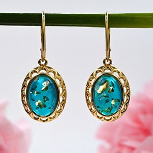 Authentic Blue Amber Earrings, Long Blue Stone Earrings, Amber Gold Earrings, Gold-plated Sterling Silver, Luxury Jewelry, Baltic Amber