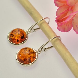 Elegant Cognac Amber Earrings, Natural Baltic Amber, Cognac Amber, Sterling Silver, Amber Silver Earrings, Long Amber Earrings, Round Amber