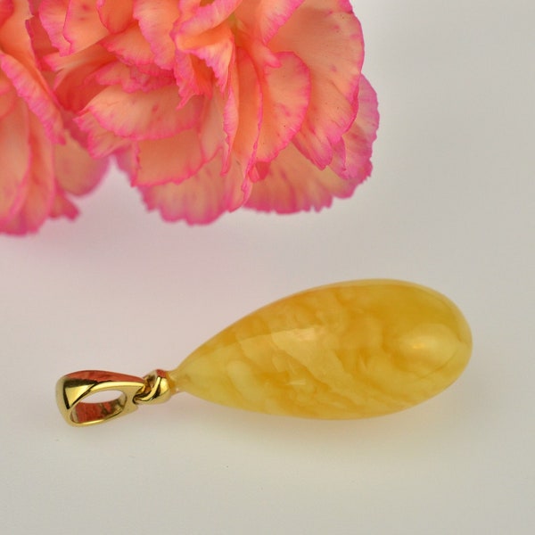 Unique Yellow Amber Pendant, Genuine Baltic Amber, Natural Yellow Amber, Gold-plated Sterling Silver, Yellow Amber Drop Pendant