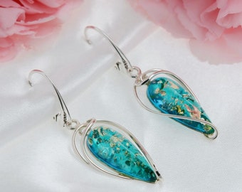 Azure Baltic Amber Earrings, Genuine Blue Amber Earrings, Blue Stone and Silver Earrings, Azure Gemstone Long Earrings, Sterling Silver 925