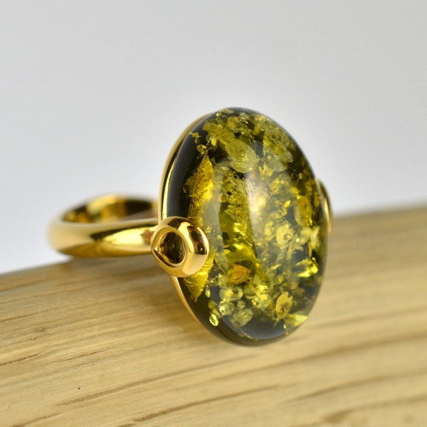 Green Baltic Amber Ring , Genuine Amber , Amber Ring with Gold , Oval Amber Ring , Gold plated Sterling Silver 925 , Adjustable Ring