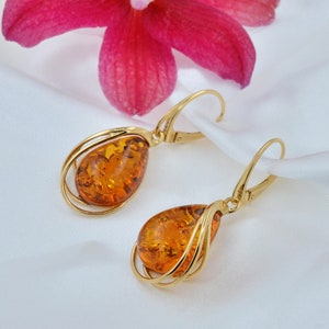 Baltic Amber Earrings, Honey Amber Earrings, Amber Gold Earrings, Long Amber Earrings, Genuine Gemstone Earrings, Cognac Amber