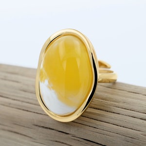 Milky Amber Ring, Genuine Baltic Yellow Amber Ring, Gold-plated Sterling Silver, Amber Gold Ring, Yellow Gemstone Ring, Adjustable Ring