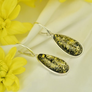 Long Green Amber Earrings, Natural Baltic Amber, Sterling Silver 925 Jewelry, Green Stone Earrings, Drop Amber Earrings , Silver 925