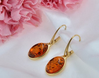 Classy Cognac Amber Earrings, Genuine Baltic Amber, Cognac Amber, Gilded Sterling Silver, Gold Plated Sterling Silver, Amber Gold Earrings