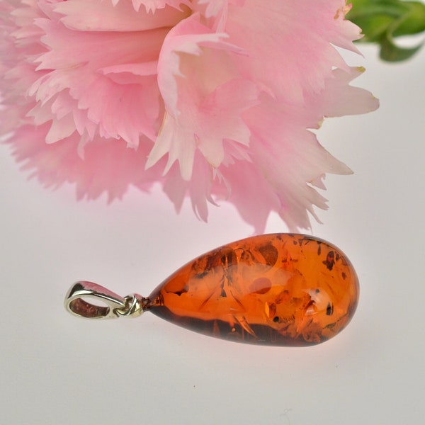 Natural Baltic Amber Pendant , Baltic Cognac Amber, Teardrop Amber, Sterling Silver Jewelry, Cognac Amber, Amber Jewellery, Amber Necklace