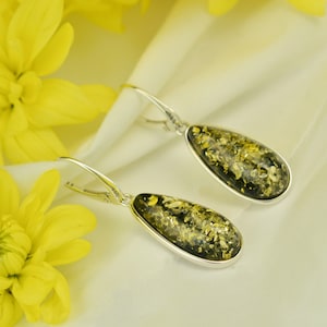 Green Baltic Amber Earrings, Genuine Baltic Amber, Green Stone Eartings, Sterling Silver 925, Amber Silver Earrings, Long Amber Earrings