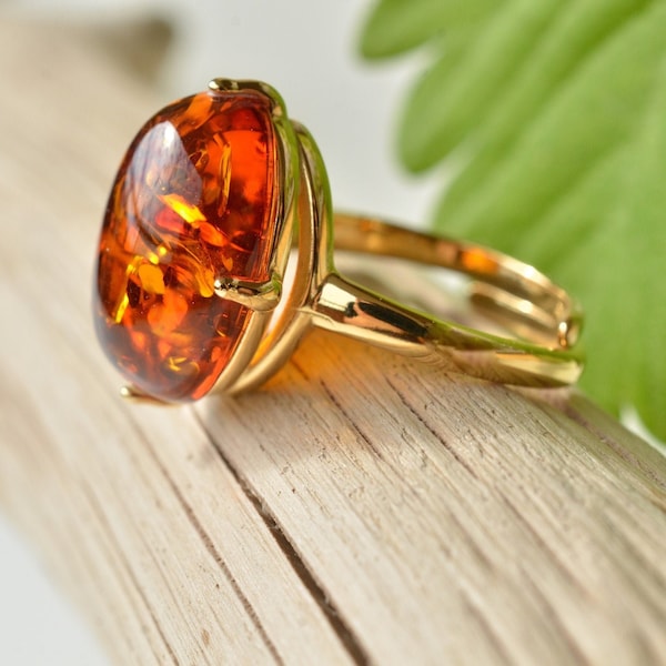 Baltic Amber Ring, Baltic Amber Ring, Genuine Amber, Small Amber Ring, Cognac Amber Ring, Gold Plated Sterling Silver, Adjustable Ring