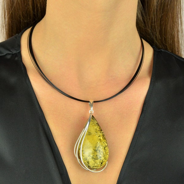 Large Genuine Baltic Amber Pendant Necklace, Baltic Green Amber, Teardrop Amber Pendant, Pendant& Chain, Sterling Silver. +Black chain