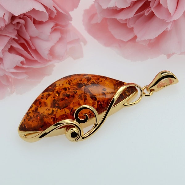 Cognac Amber Pendant Necklace, Genuine Baltic Amber, Large Amber Pendant, Luxury Jewelry, Cognac Amber, Gold Plated Sterling Silver