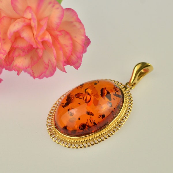 Cognac Amber Pendant Necklace, Genuine Baltic Amber, Luxury Jewelry, Cognac Amber, Amber Gold Pendant, Gold Plated Sterling Silver