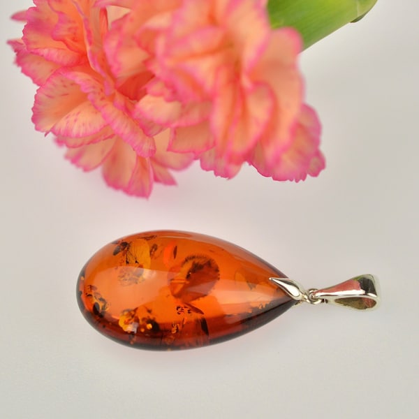 Natural Baltic Amber Pendant , Baltic Cognac Amber, Teardrop Amber, Sterling Silver Jewelry, Cognac Amber, Amber Jewellery, Amber Necklace