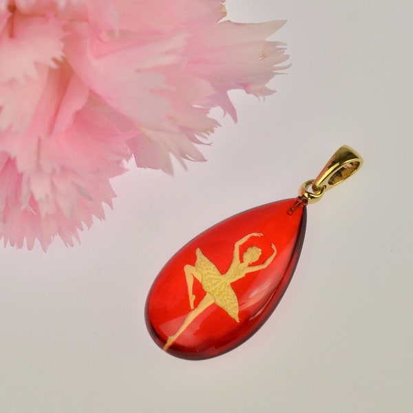 Ballet Dancer Red Amber Pendant, Genuine Red Amber Teardrop, Amber Cameo, Gold-plated Sterling Silver, Ballet Cameo, Handmade Cameo