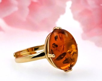 Baltic Amber Ring, Baltic Amber Ring, Genuine Amber, Small Amber Ring, Cognac Amber Ring, Gold Plated Sterling Silver, Adjustable Ring