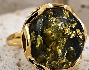 Anillo de ámbar verde natural, joyería de ámbar báltico, anillo de oro con piedra verde, joyería con piedras preciosas, plata de ley bañada en oro, anillo ajustable