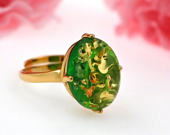 Anillo de ámbar báltico verde, ámbar natural, anillo de piedra verde con oro, plata de ley bañada en oro, anillo ajustable, joyería de ámbar