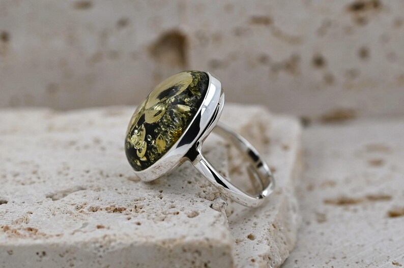 Dark Green Amber Ring, Natural Baltic Amber Ring, Green Gemstone
