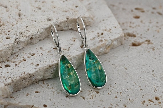 Blue Baltic Amber Earrings, Long Blue Stone Earrings, Turquoise Amber & 925 Silver Sterling, Natural Gemstone Earrings, Azure Stone Jewelry