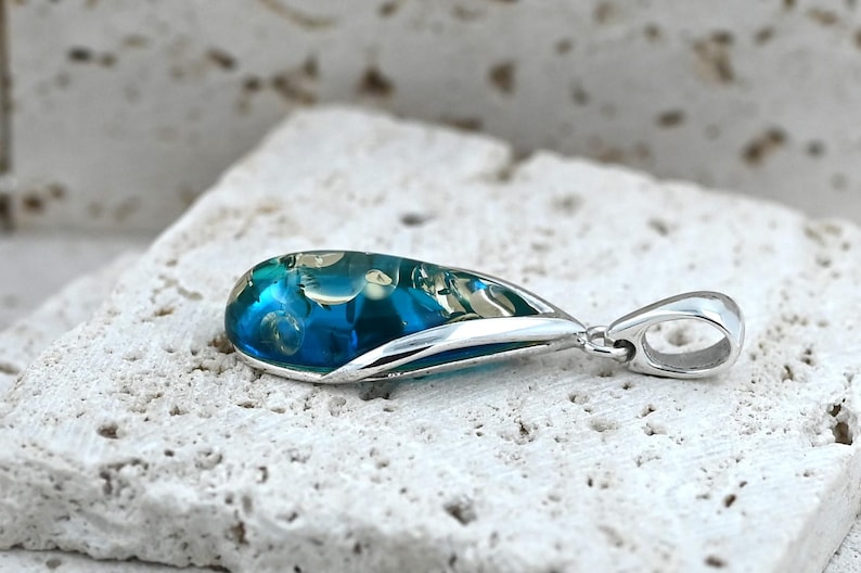 Blue Baltic Amber Pendant, Blue Stone Pendant, Small Amber Pendant, Sterling Silver, Amber & 925 Silver, Ocean Jewelry image 3