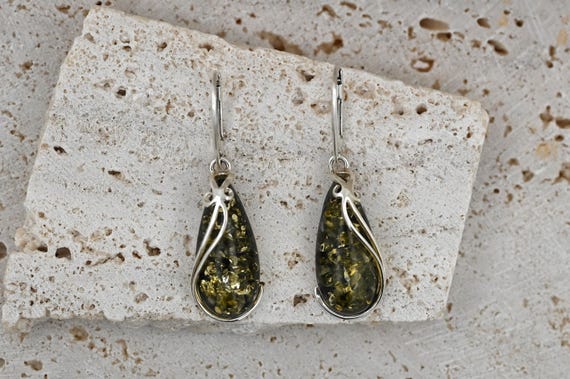 Boucles D'oreilles Femme - Ambre De La Baltique Vert - Argent Sterling