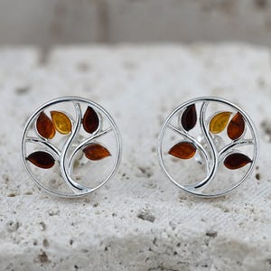 Natural Baltic Amber Stud Earrings, Lucky Tree, Gemstone Earrings, Amber Tree of Life Pendant, Honey Amber Pendant, Sterling Silver 925